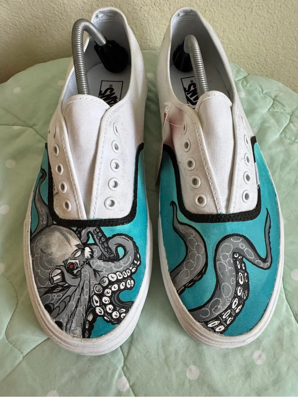 NEW Custom Painted Vans White Slip-On Sneakers with Teal Octopus Design size 13